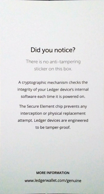 Ledger informational leaflet explaining lack of anti-tampering sticker