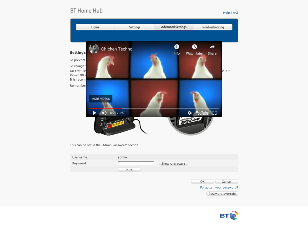 BT Home Hub configuration page with embedded Techno Chicken YouTube video